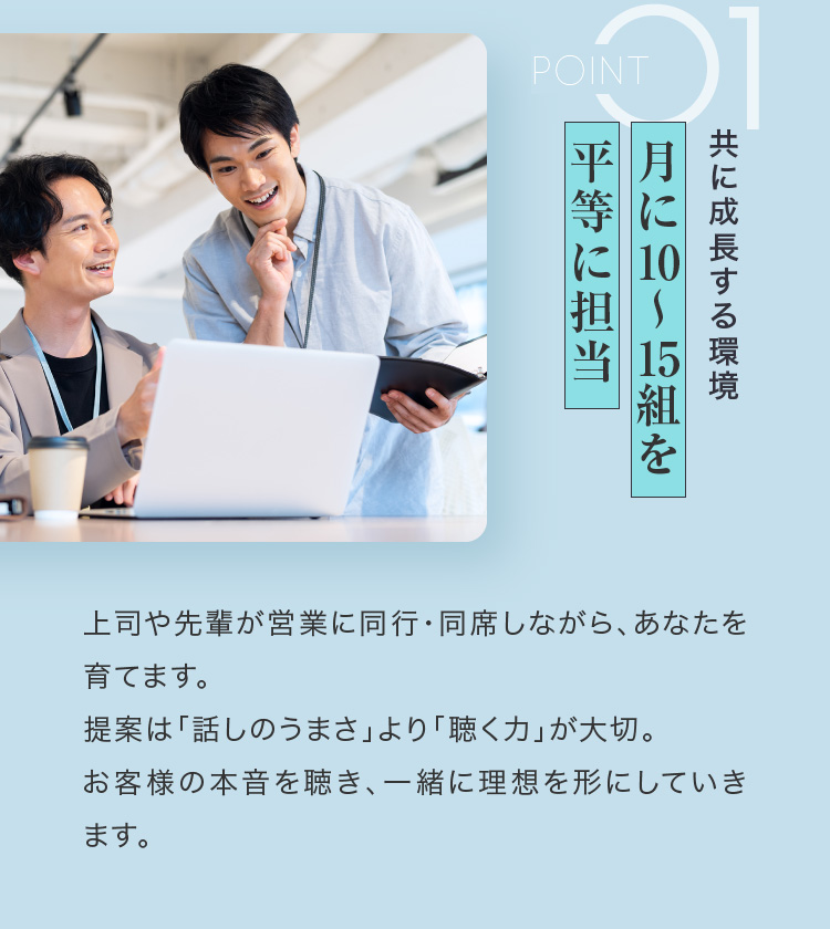 POINT01 共に成長する環境月に10～15組を平等に担当